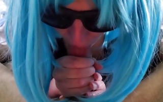 Kissable sweetheart wearing a wig licking a big donger